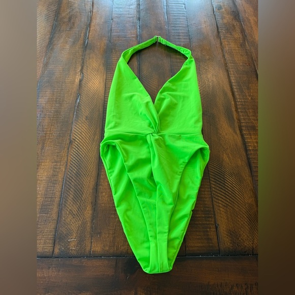 MARA HOFFMAN SOLID GABRIELA HALTER SWIMSUIT INTENSITY GREEN Plunging V-Neckline - Picture 5 of 11